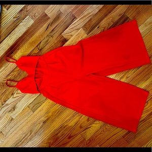 Red wide leg jumpsuit, evening out.